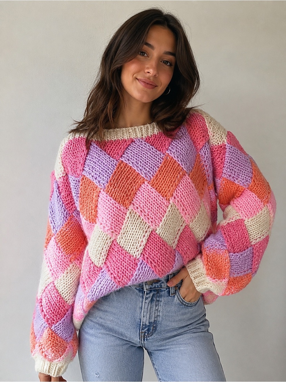 Vintage Pastel Knit Sweater Pink Lavender Y2K Grandma Grannycore Sz M
